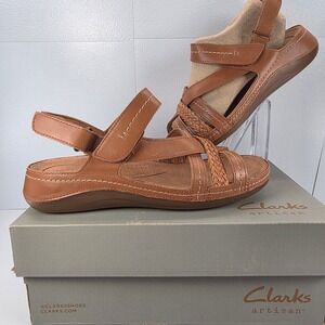 Clarks Artisan Cecily Strap Tan Combi Leather Wide Width‎ Comfort Sandals 7.5W